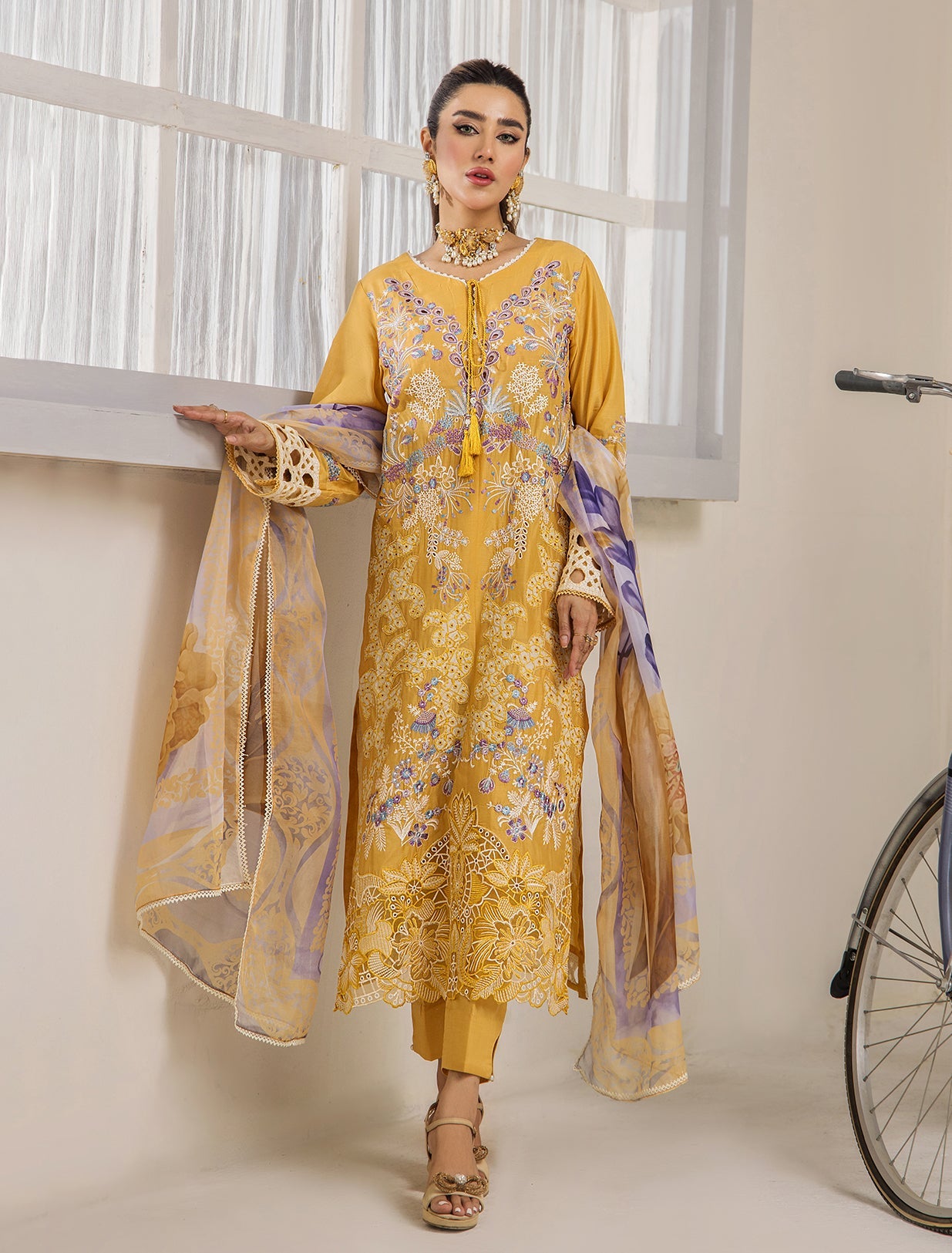 ZA Clothing Bariya Embroidered Semi Stitched Lawn- Sunlit Elegance 01