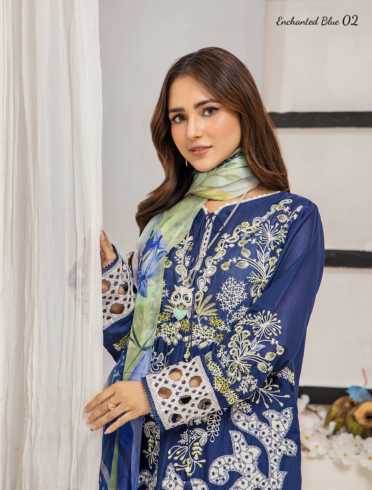 ZA Clothing Bariya Embroidered Semi Stitched Lawn- Enchanted Blue 02