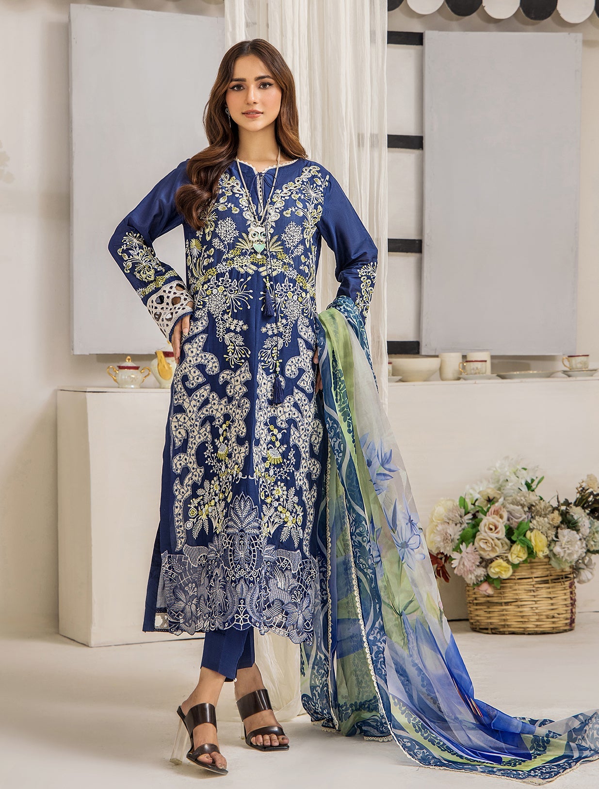 ZA Clothing Bariya Embroidered Semi Stitched Lawn- Enchanted Blue 02