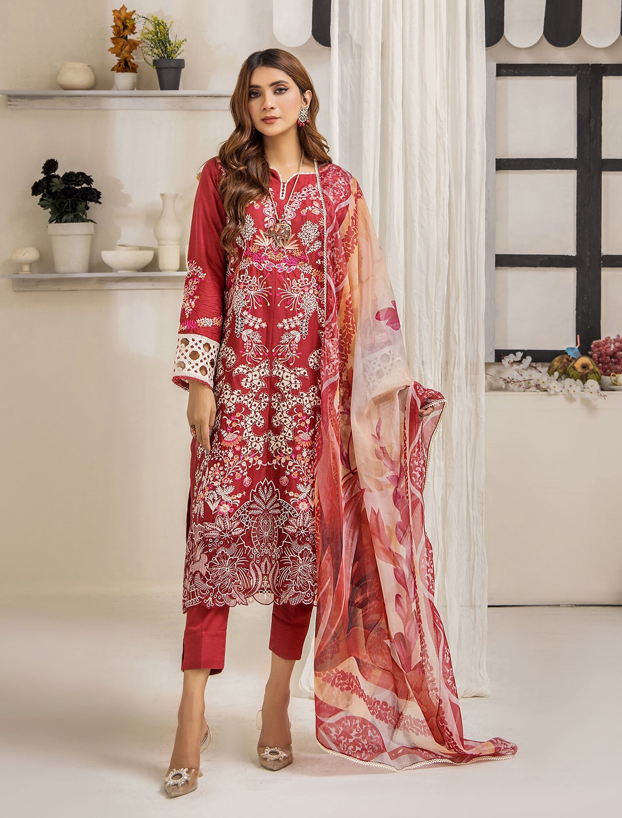 ZA Clothing Bariya Embroidered Semi Stitched Lawn- Ruby Radiance 03